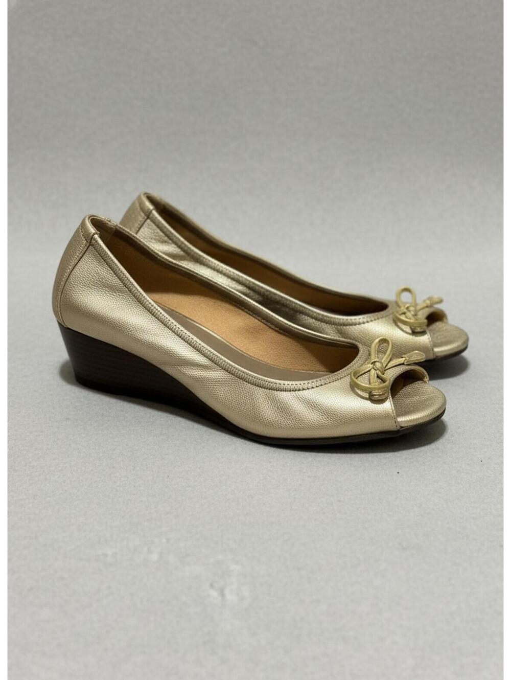 Cole Haan x Nike Air Gold Peep Toe Wedge Shoes With Bow Size 7